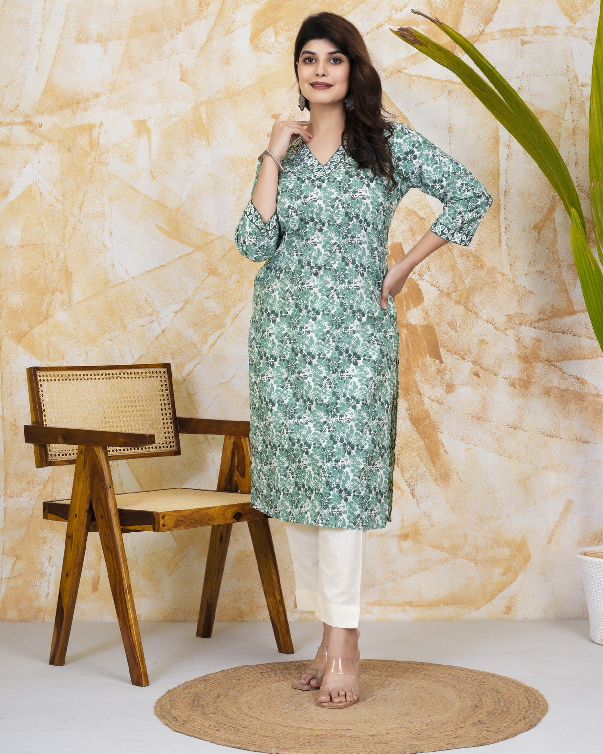 Green With White Floral Print Cotton Kurti