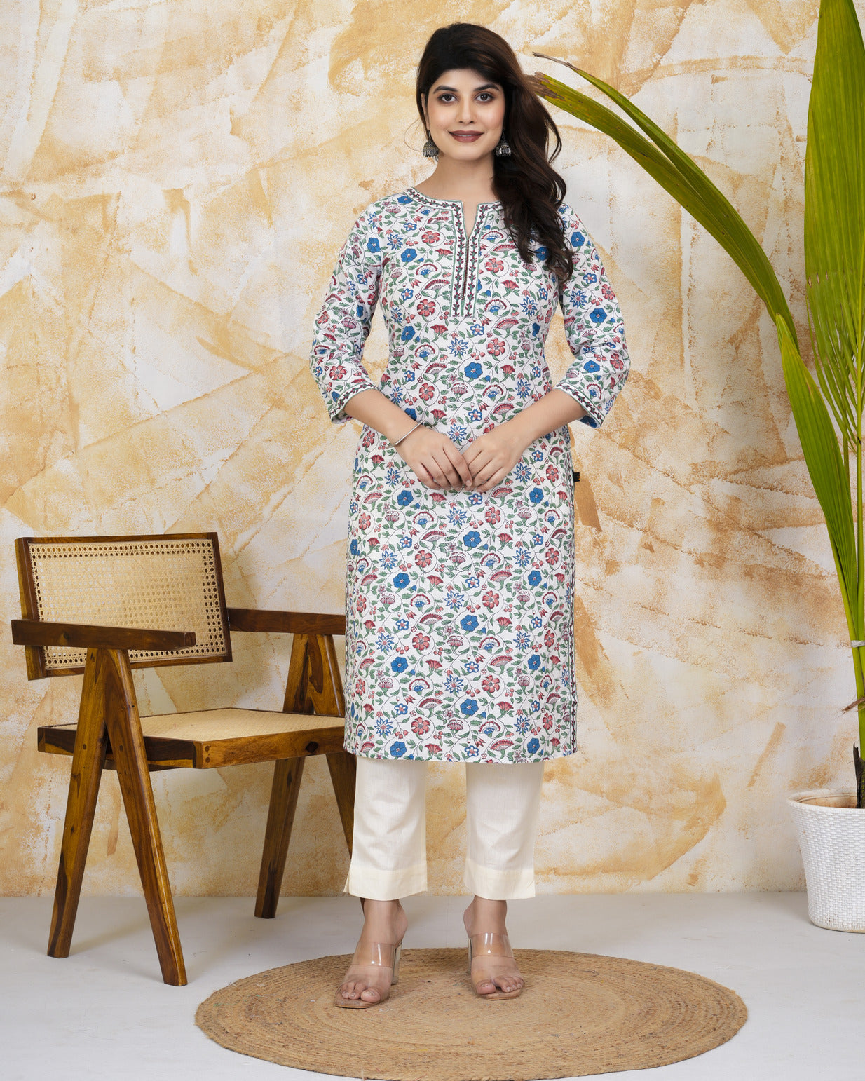 White With Multicolor Floral Printed Cotton Kurti