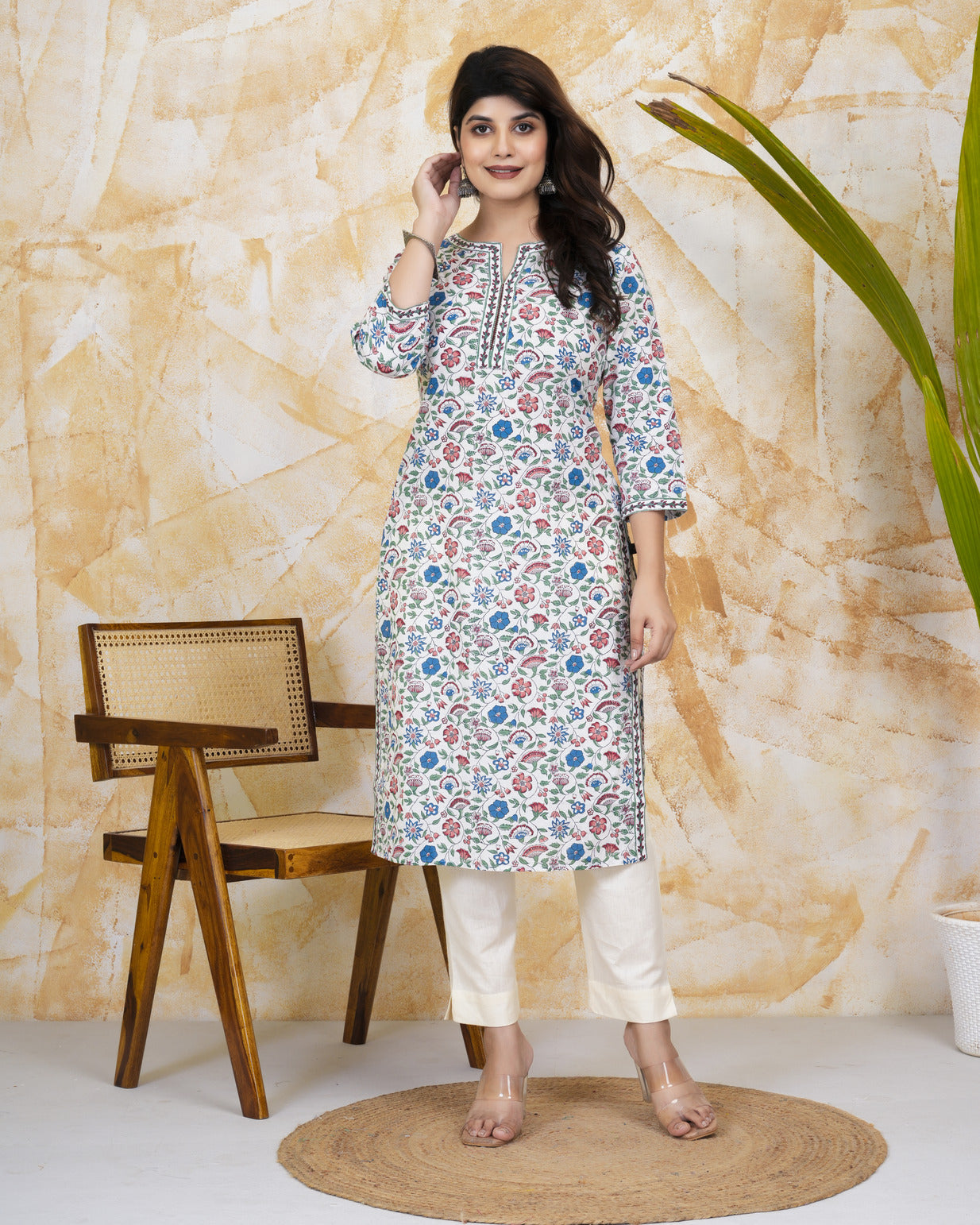 White With Multicolor Floral Printed Cotton Kurti