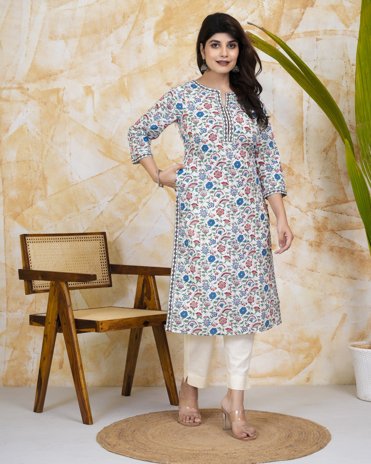 White With Multicolor Floral Printed Cotton Kurti