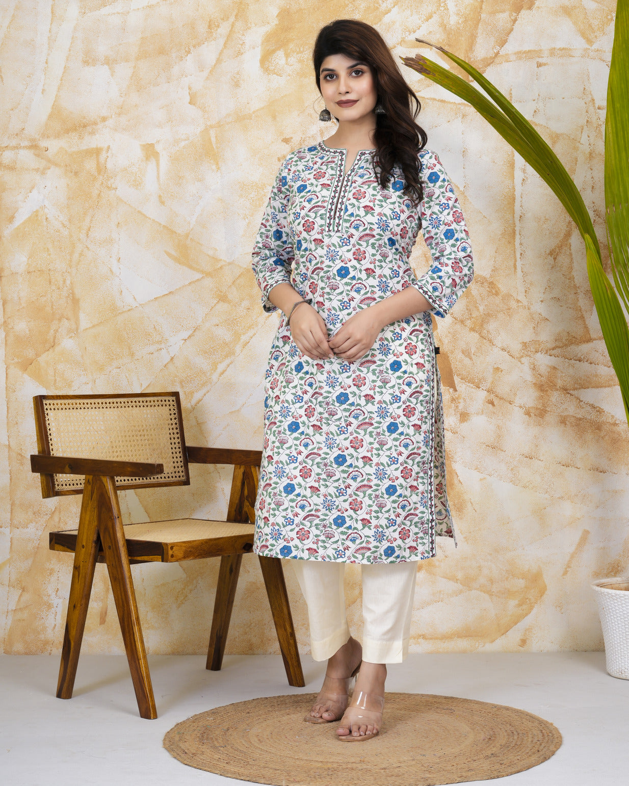 White With Multicolor Floral Printed Cotton Kurti