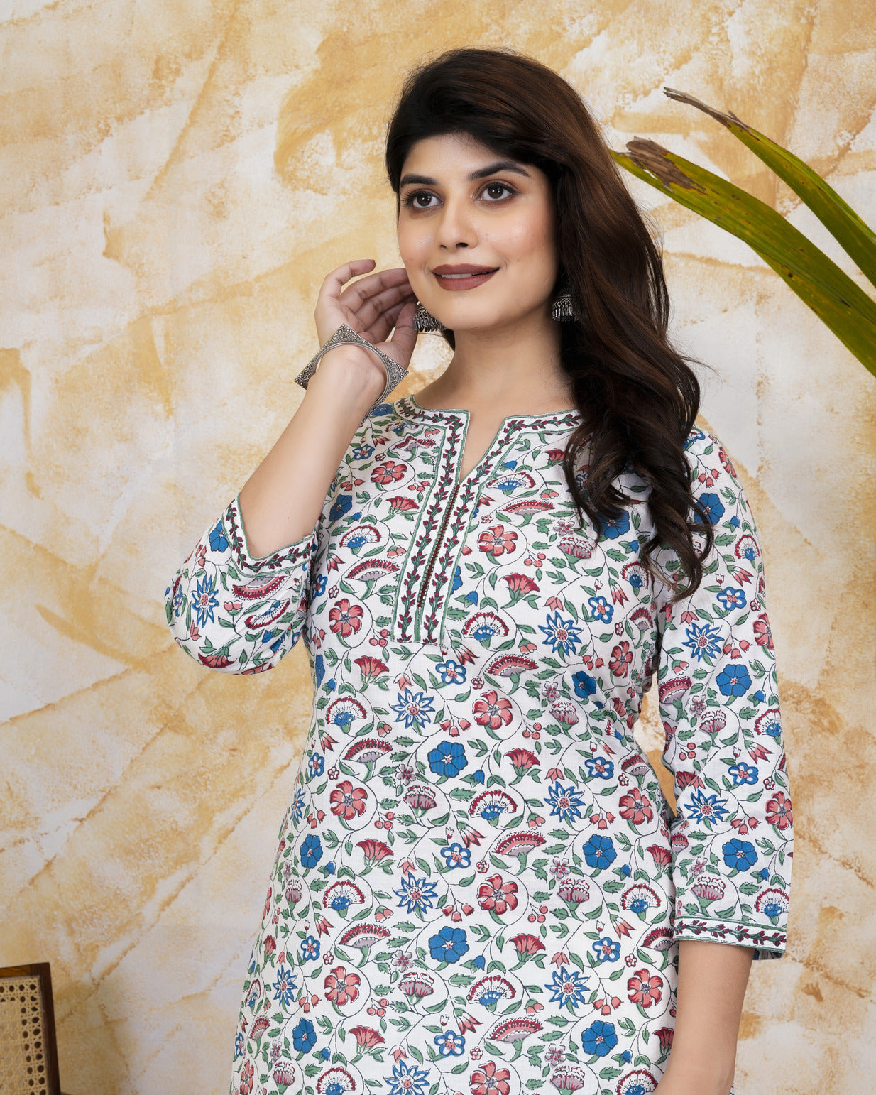 White With Multicolor Floral Printed Cotton Kurti