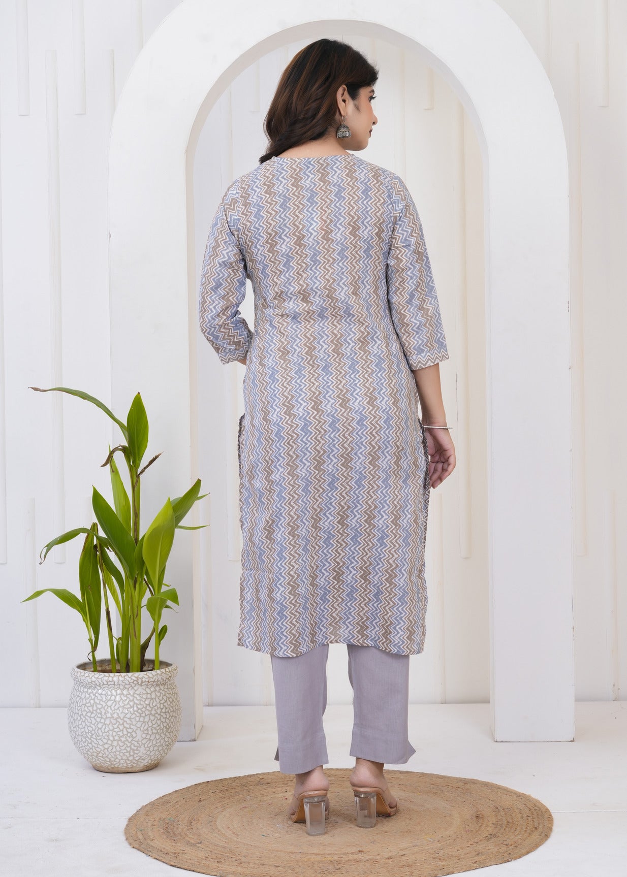 Grey With White Zigzag Cotton Kurti