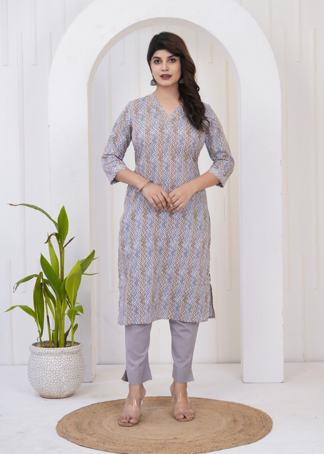 Grey With White Zigzag Cotton Kurti