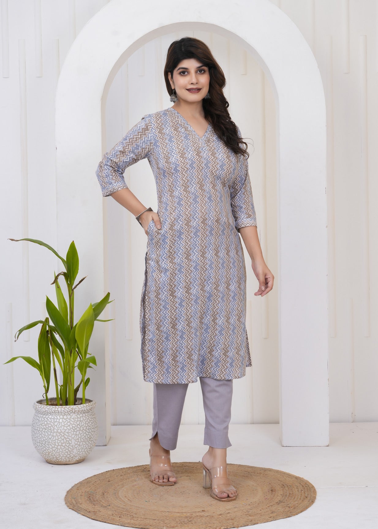 Grey With White Zigzag Cotton Kurti