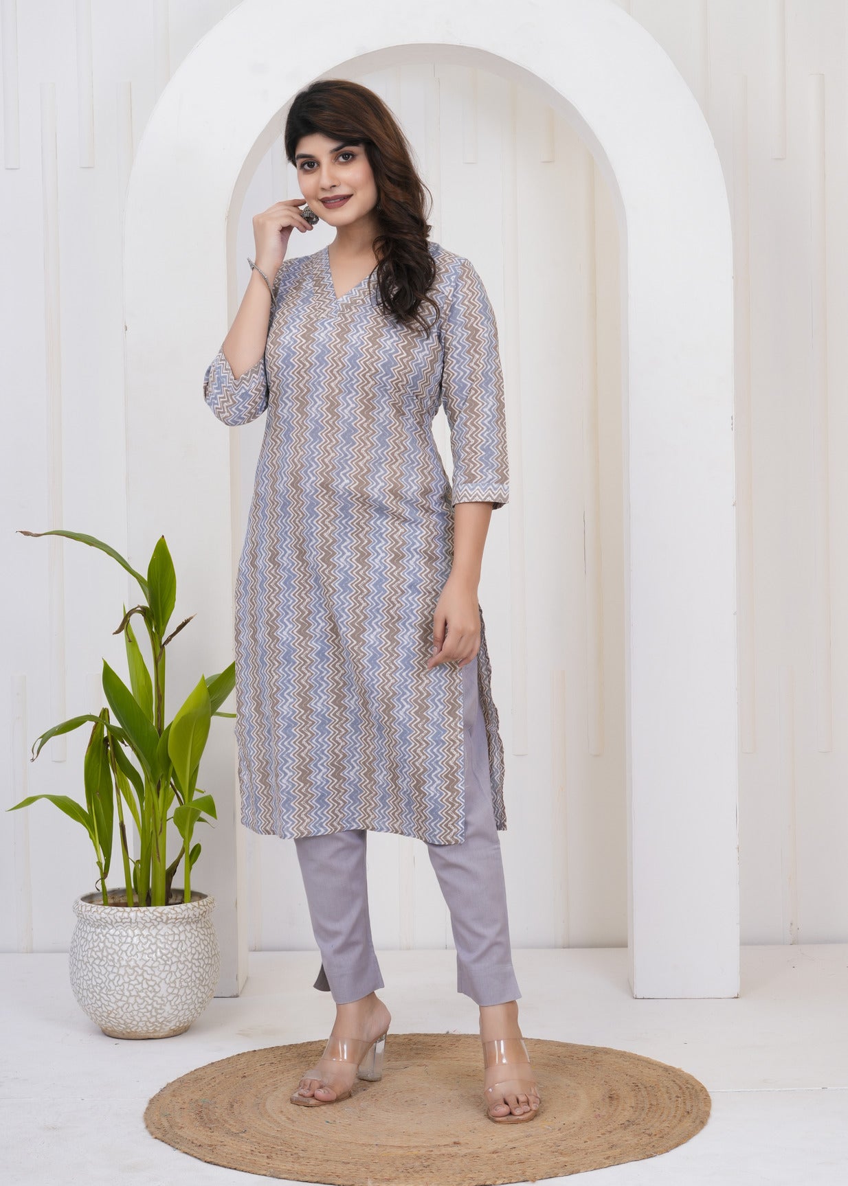 Grey With White Zigzag Cotton Kurti