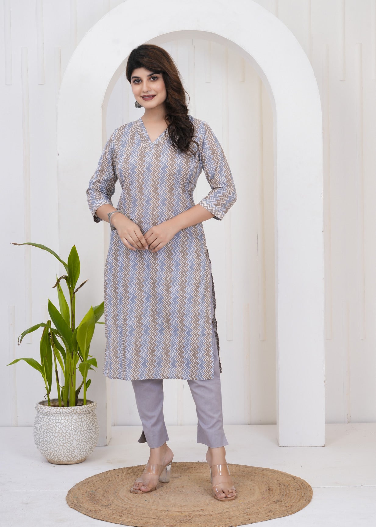 Grey With White Zigzag Cotton Kurti