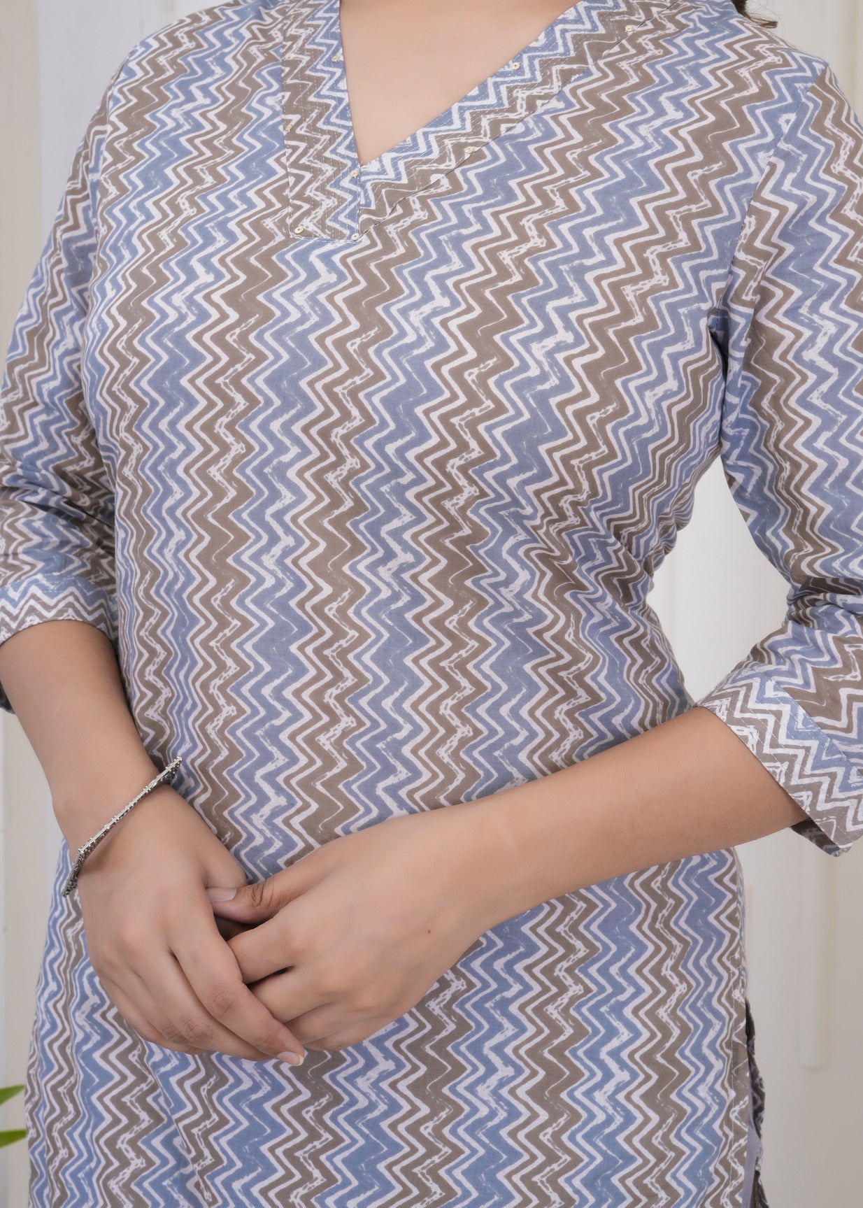 Grey With White Zigzag Cotton Kurti