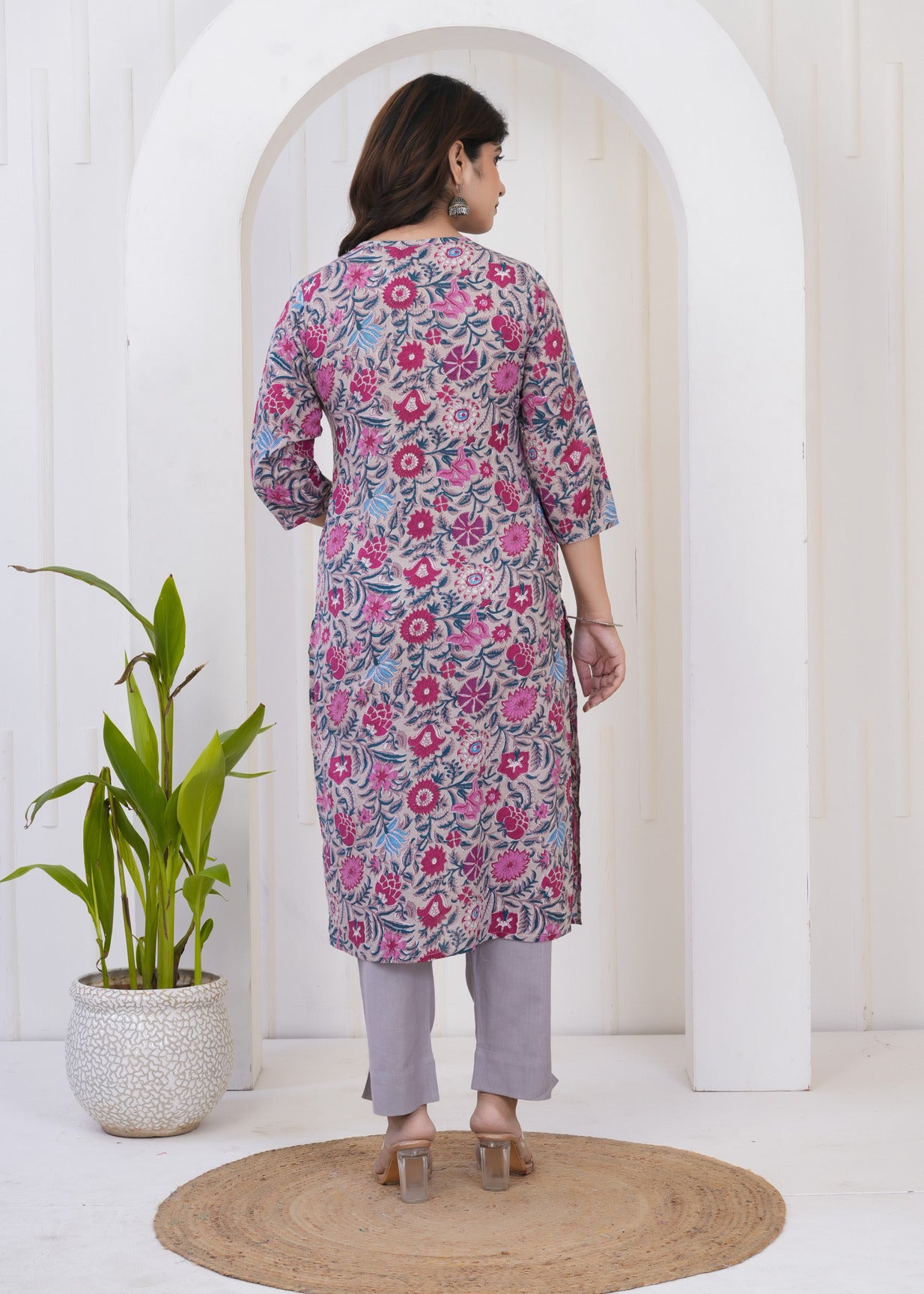 Grey With Katha Work Floral Print Cotton Kurti