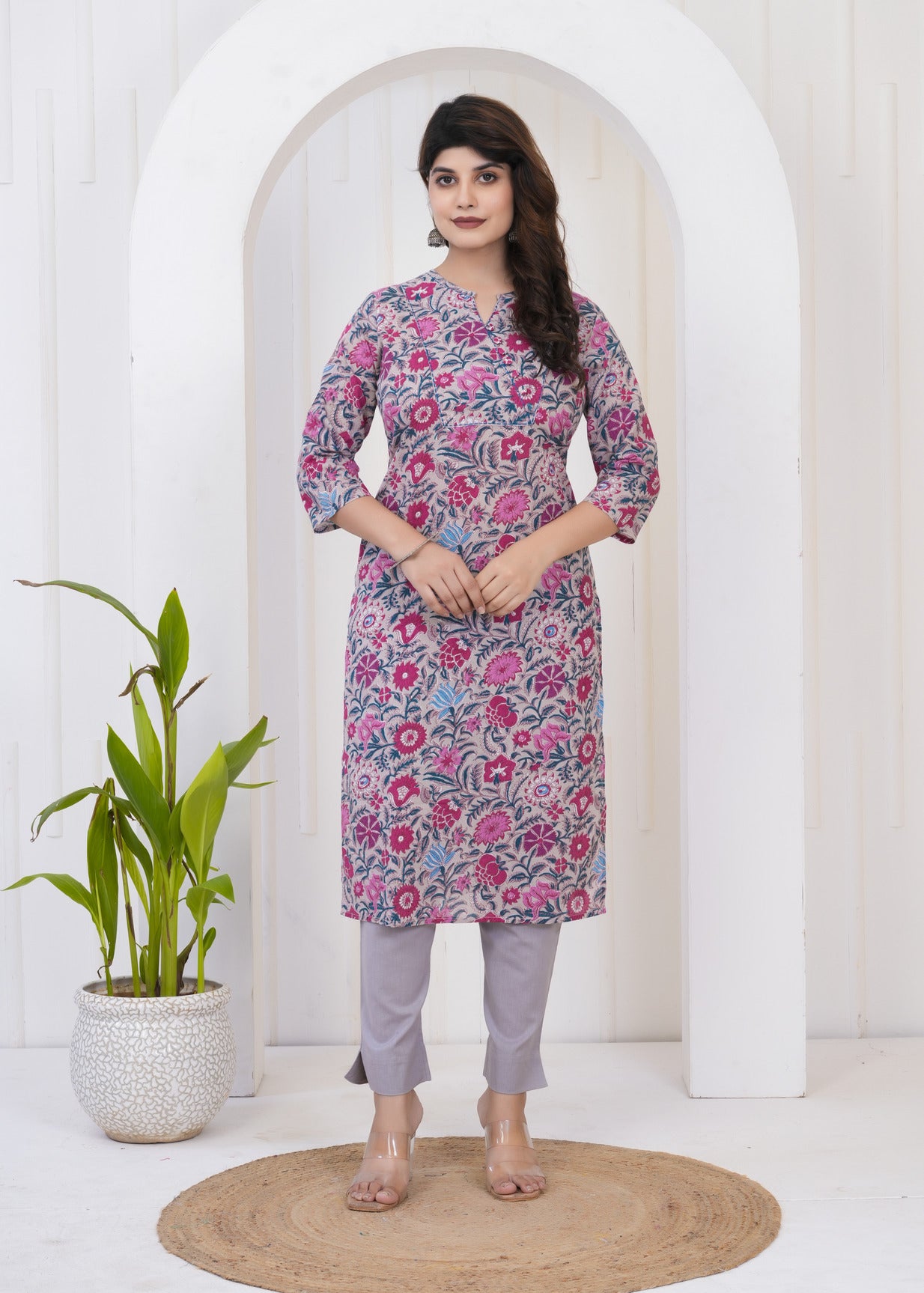 Grey With Katha Work Floral Print Cotton Kurti