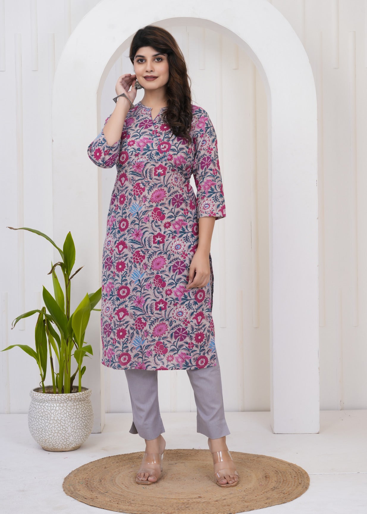 Grey With Katha Work Floral Print Cotton Kurti