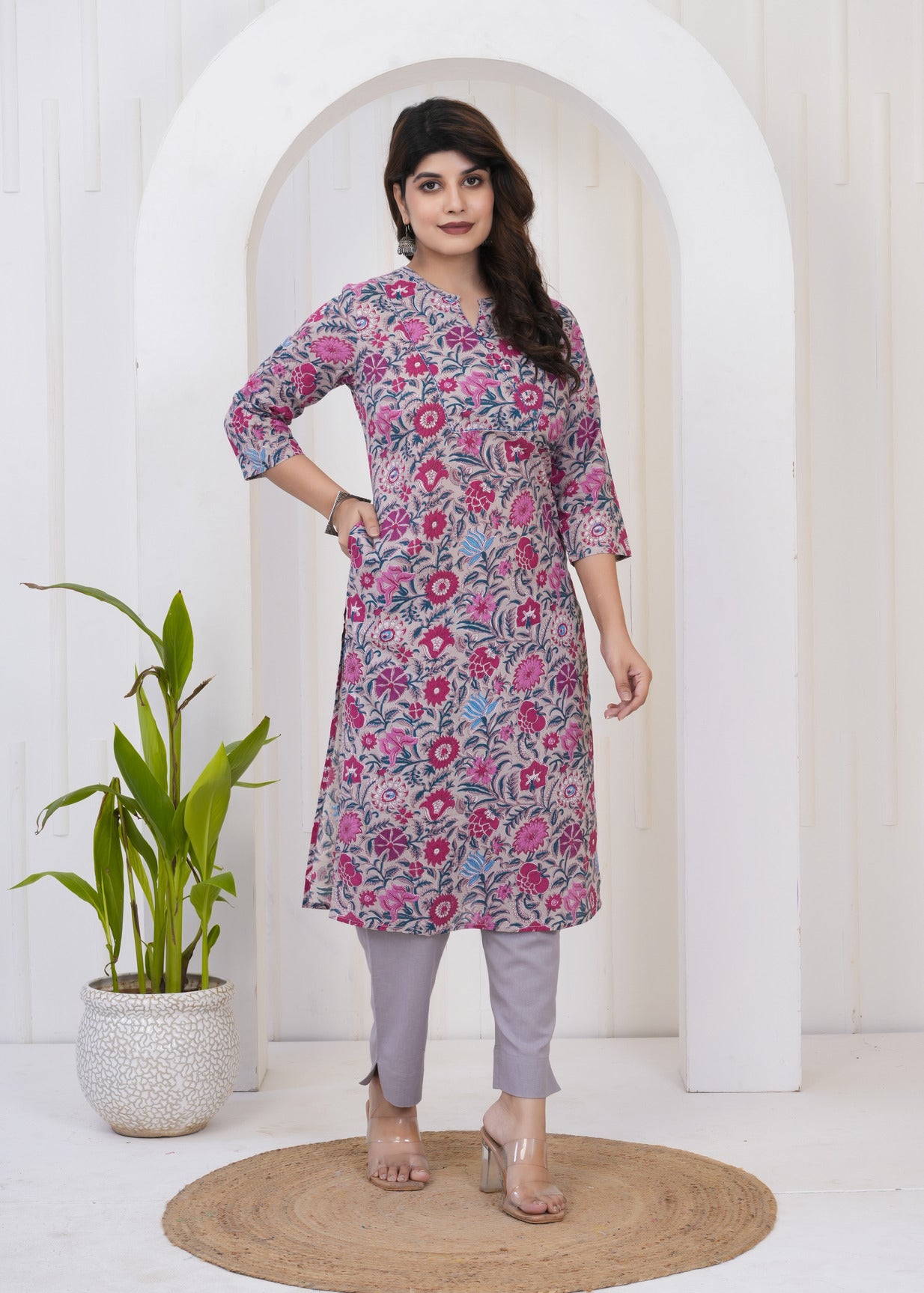 Grey With Katha Work Floral Print Cotton Kurti