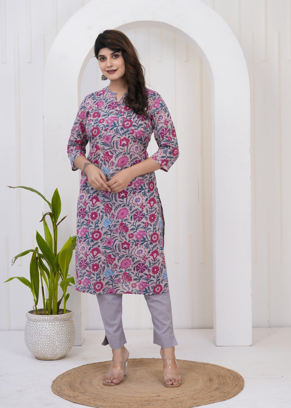 Grey With Katha Work Floral Print Cotton Kurti