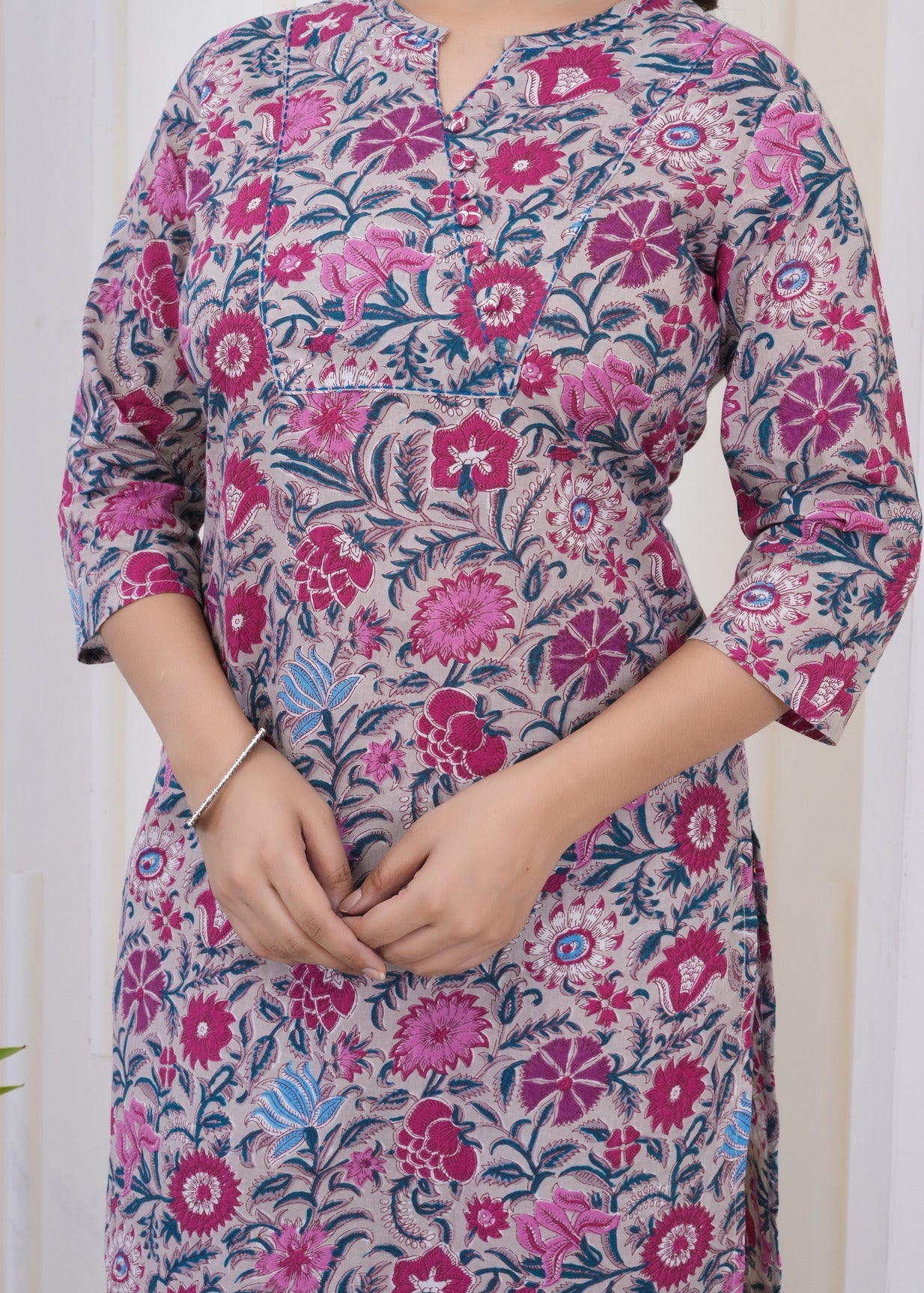 Grey With Katha Work Floral Print Cotton Kurti