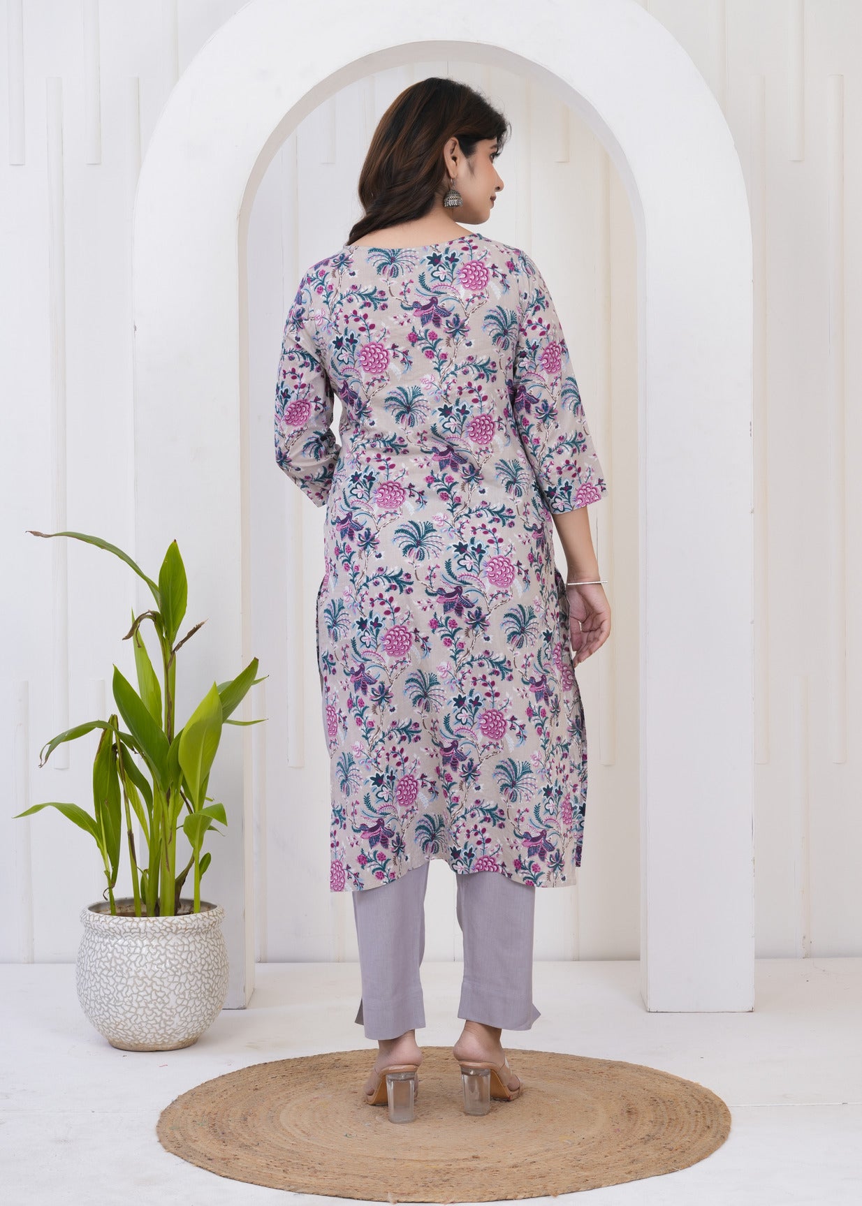 Grey With Floral Print Cotton Kurti