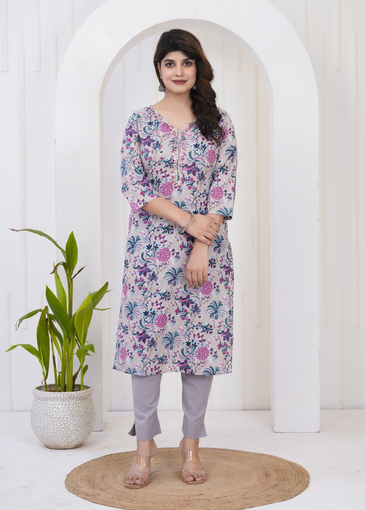 Grey With Floral Print Cotton Kurti