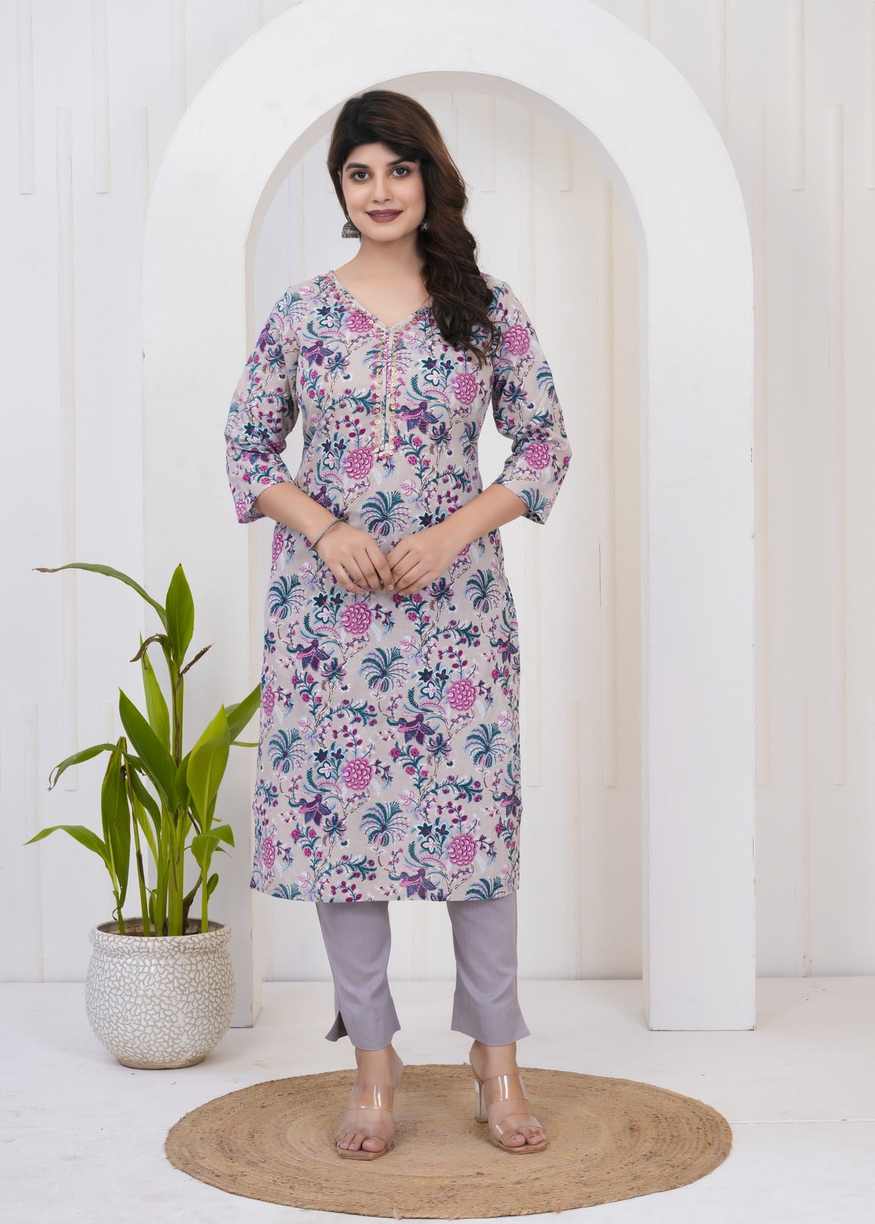 Grey With Floral Print Cotton Kurti