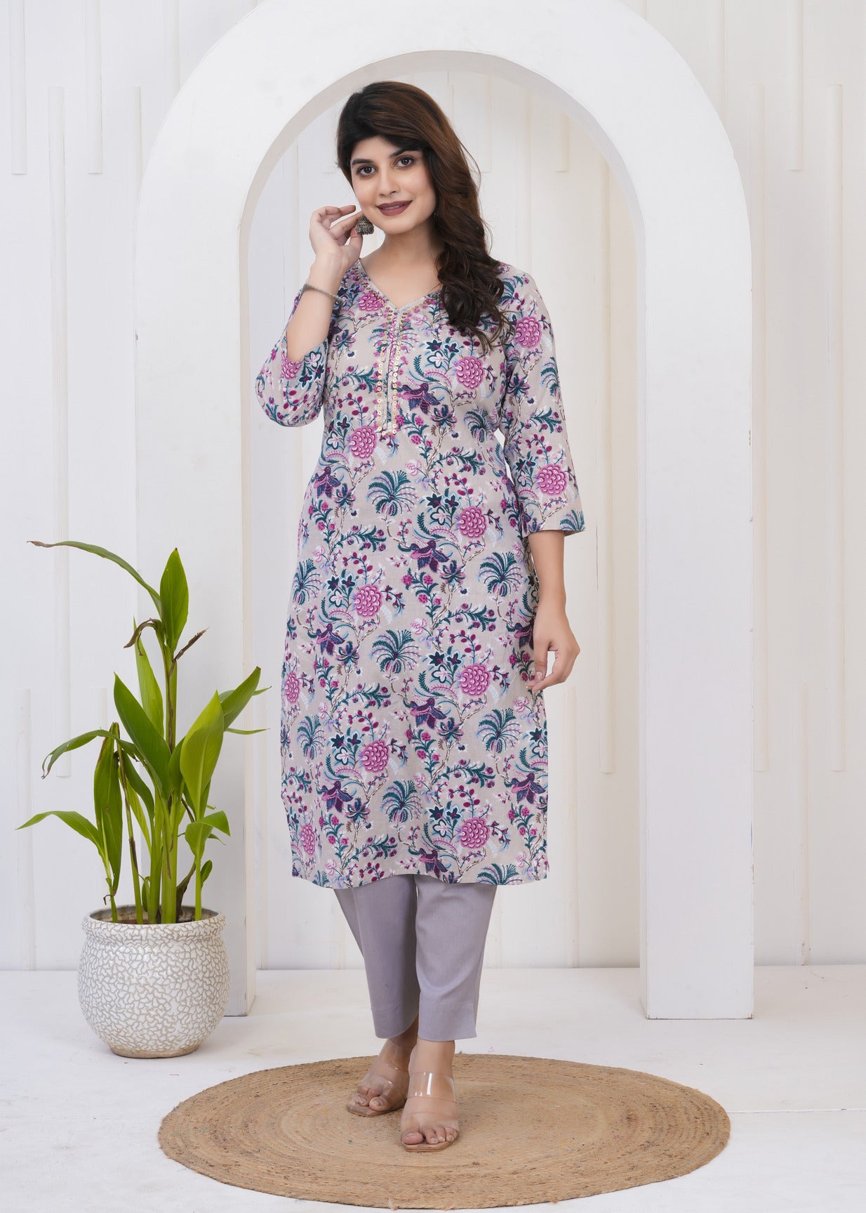 Grey With Floral Print Cotton Kurti