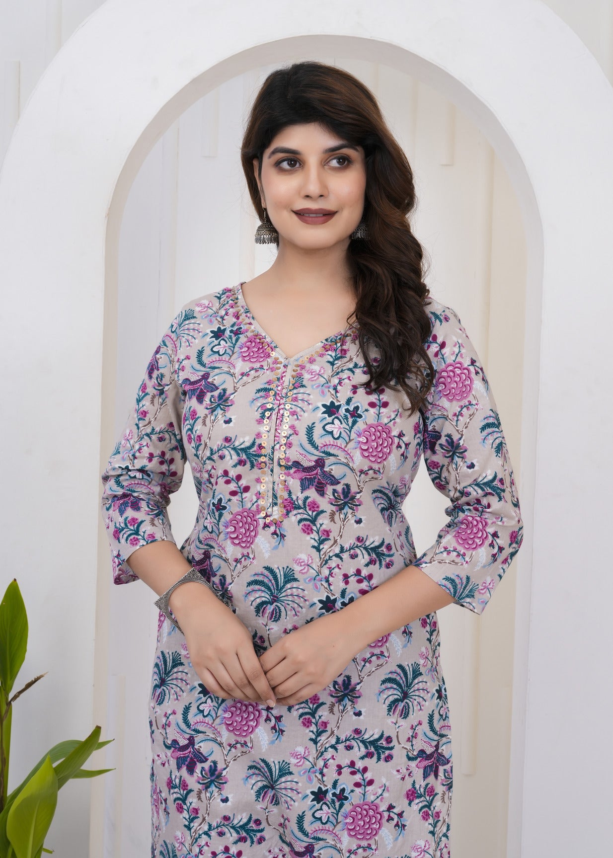 Grey With Floral Print Cotton Kurti