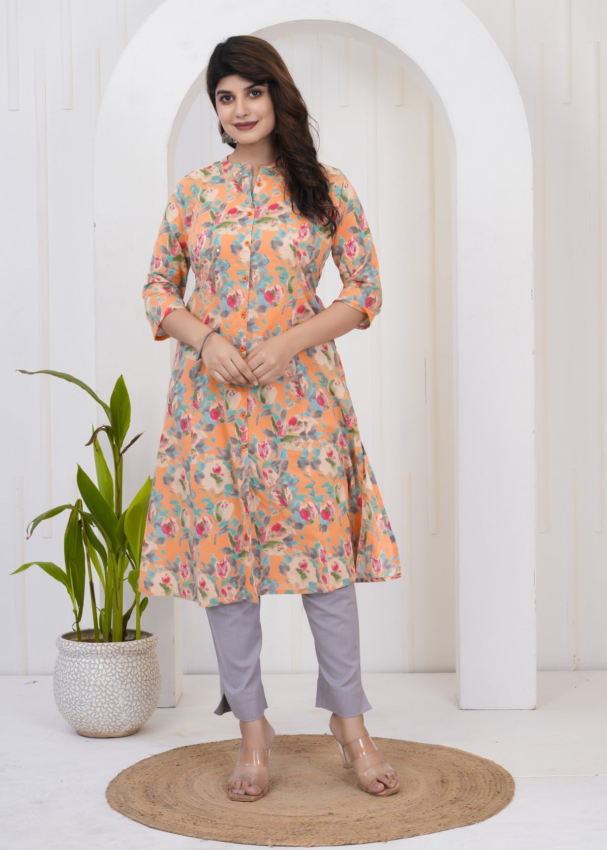 Orange With Red Floral Printed Cotton Kurta