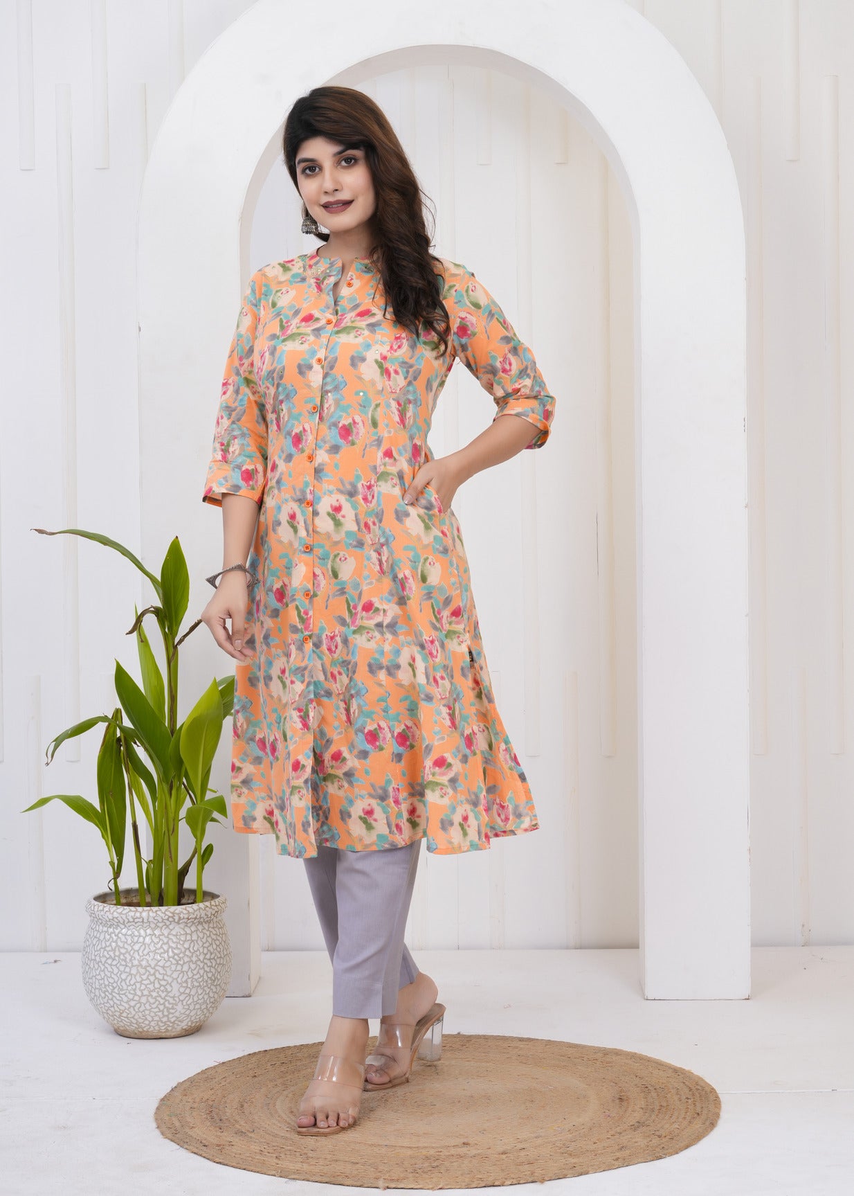 Orange With Red Floral Printed Cotton Kurta