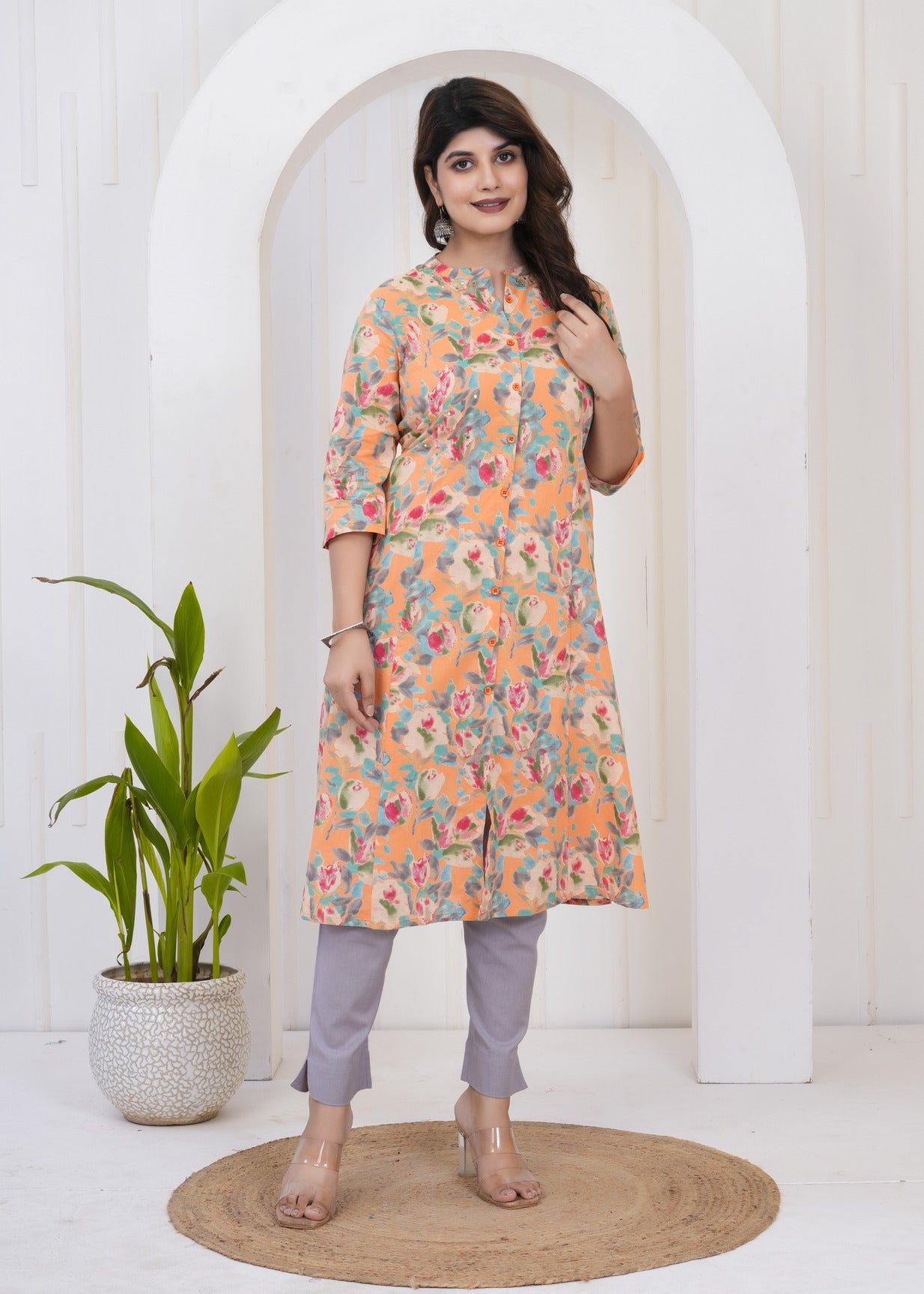 Orange With Red Floral Printed Cotton Kurta