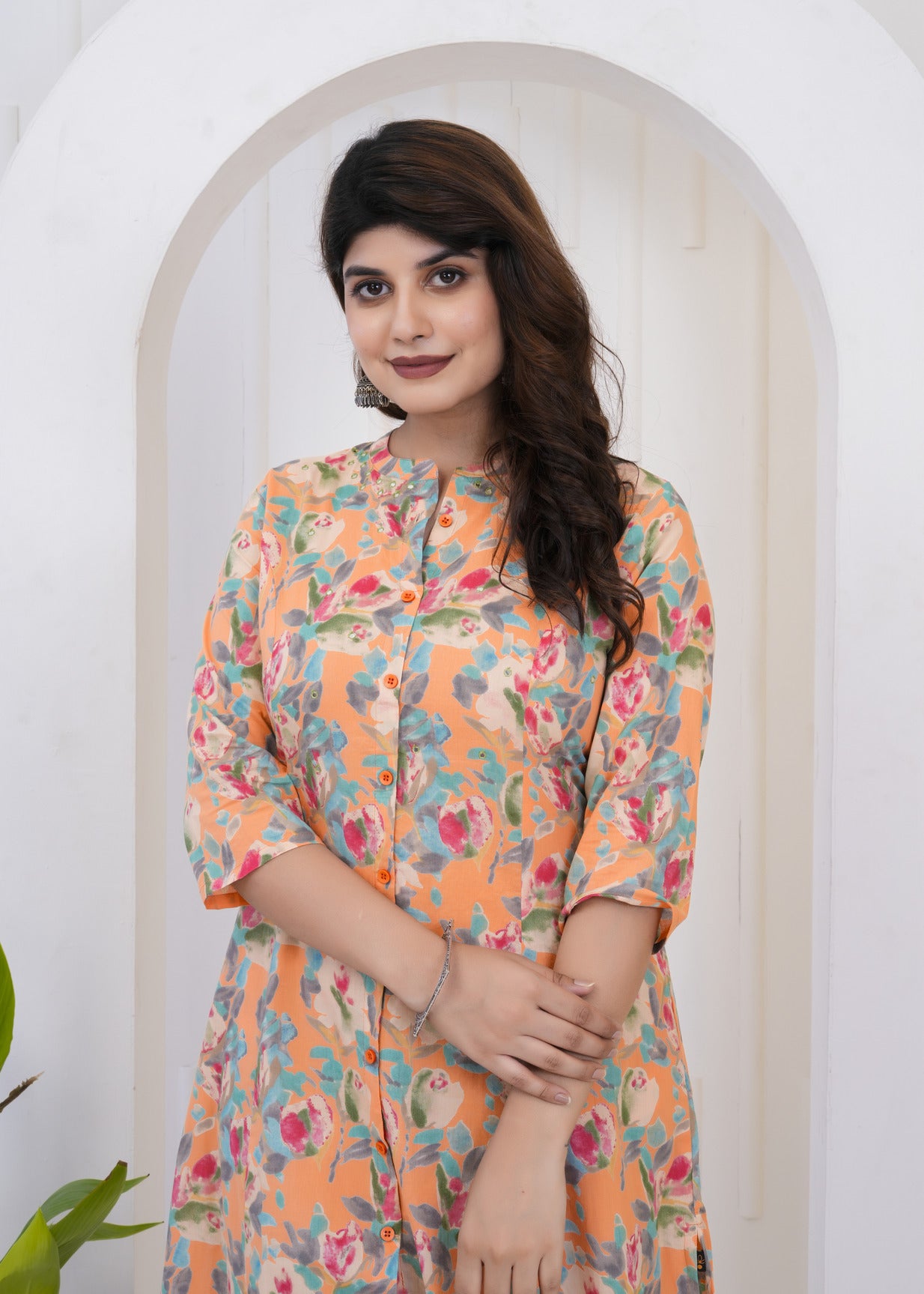 Orange With Red Floral Printed Cotton Kurta