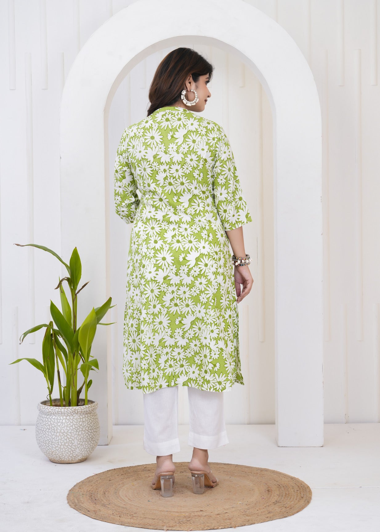 Green With White Floral Print Cotton Kurti