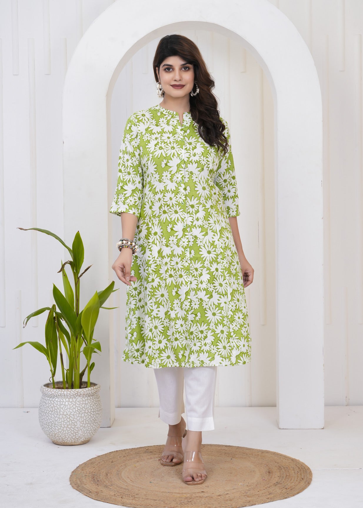 Green With White Floral Print Cotton Kurti