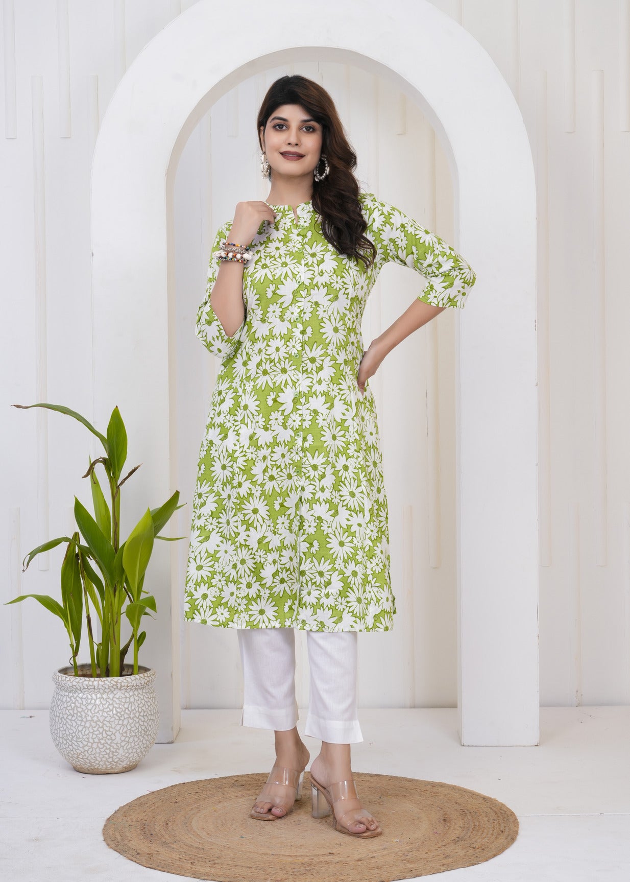 Green With White Floral Print Cotton Kurti