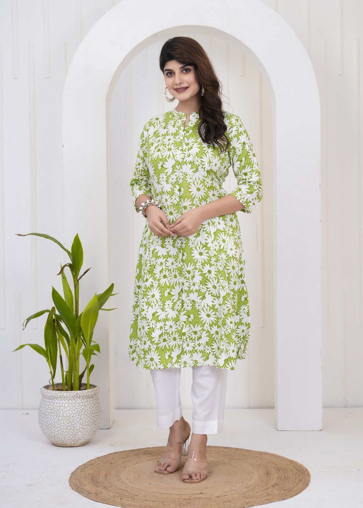 Green With White Floral Print Cotton Kurti