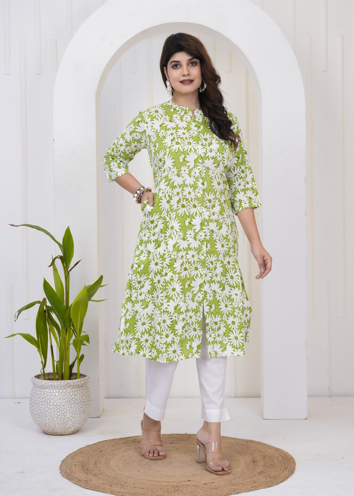 Green With White Floral Print Cotton Kurti