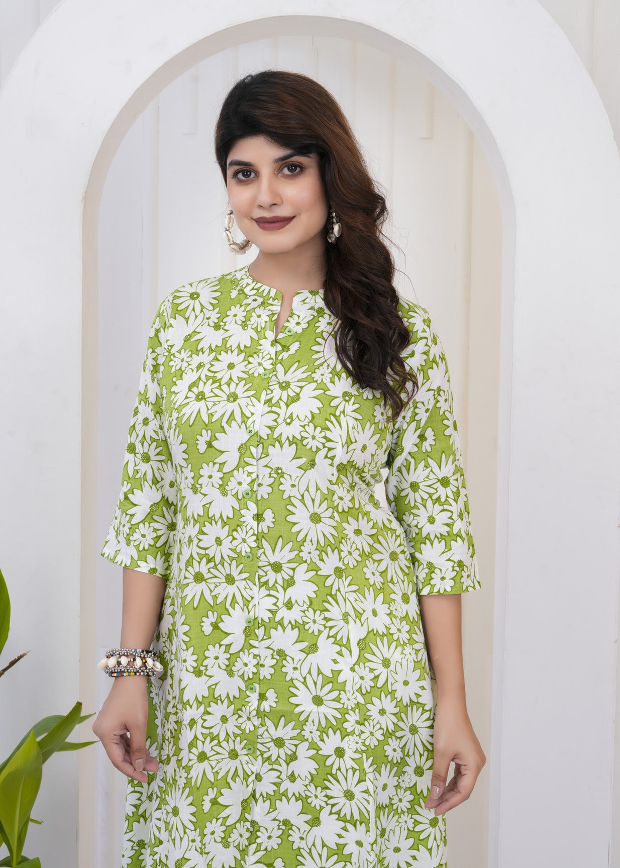 Green With White Floral Print Cotton Kurti