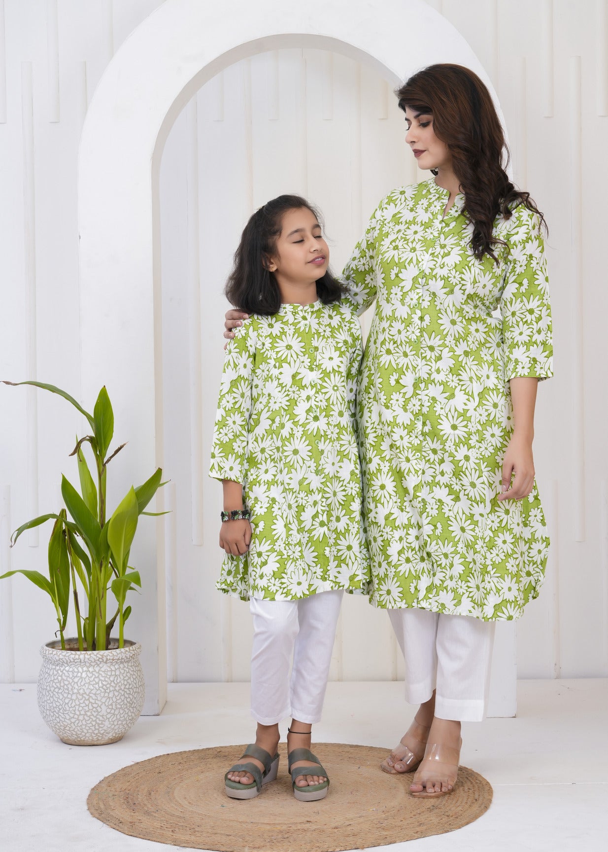 Green With White Floral Print Cotton Kurti