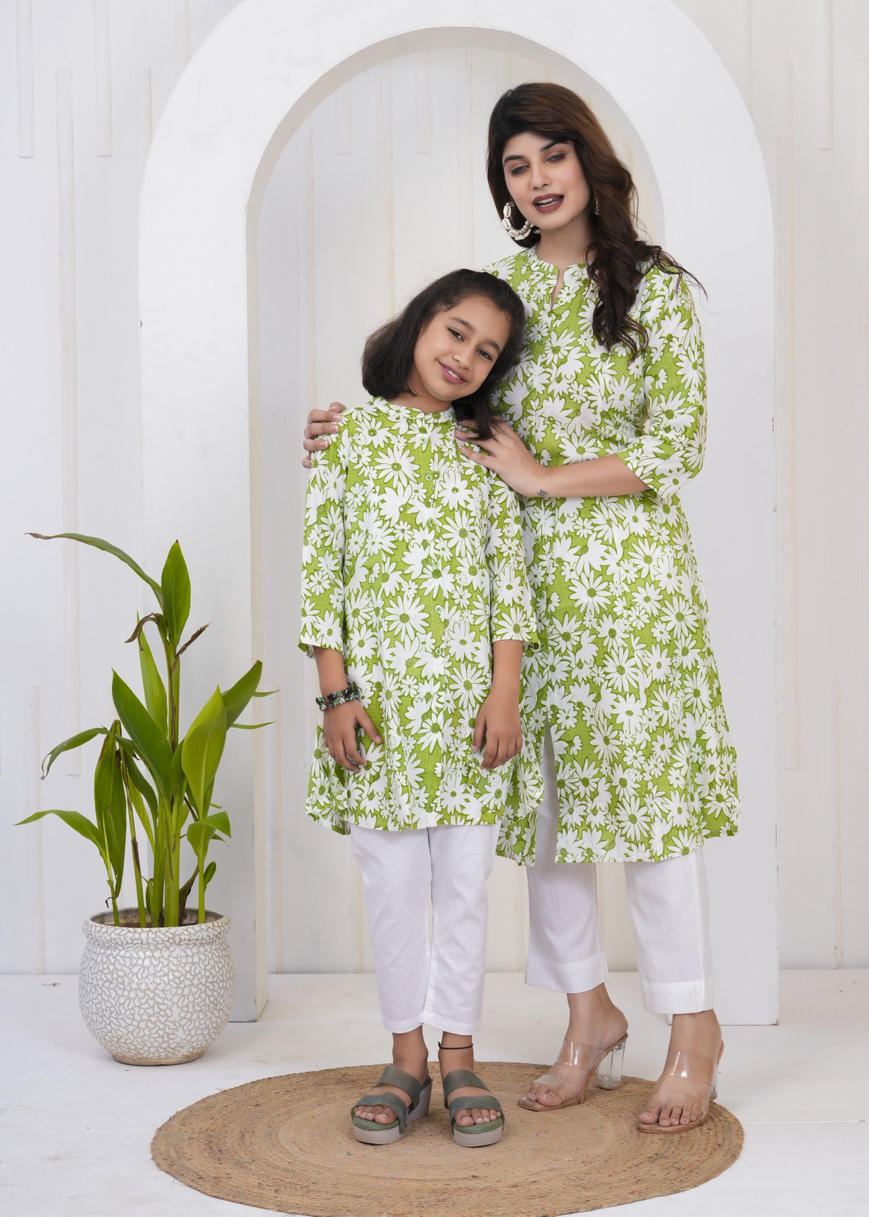 Green With White Floral Print Cotton Kurti