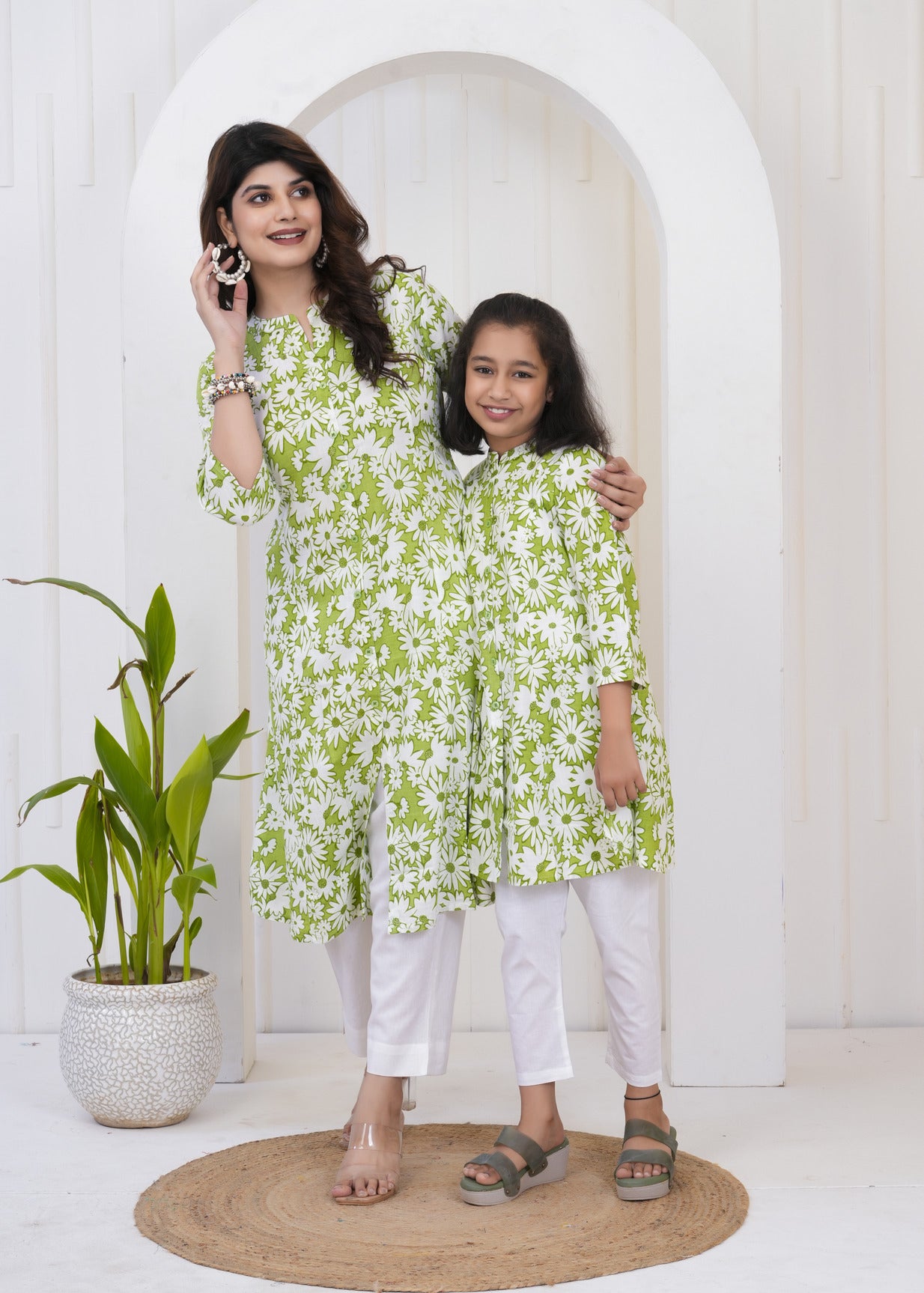 Green With White Floral Print Cotton Kurti