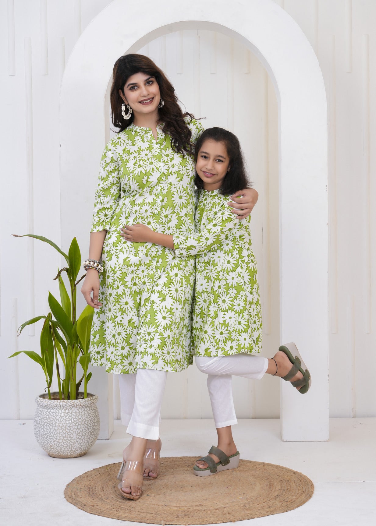 Green With White Floral Print Cotton Kurti