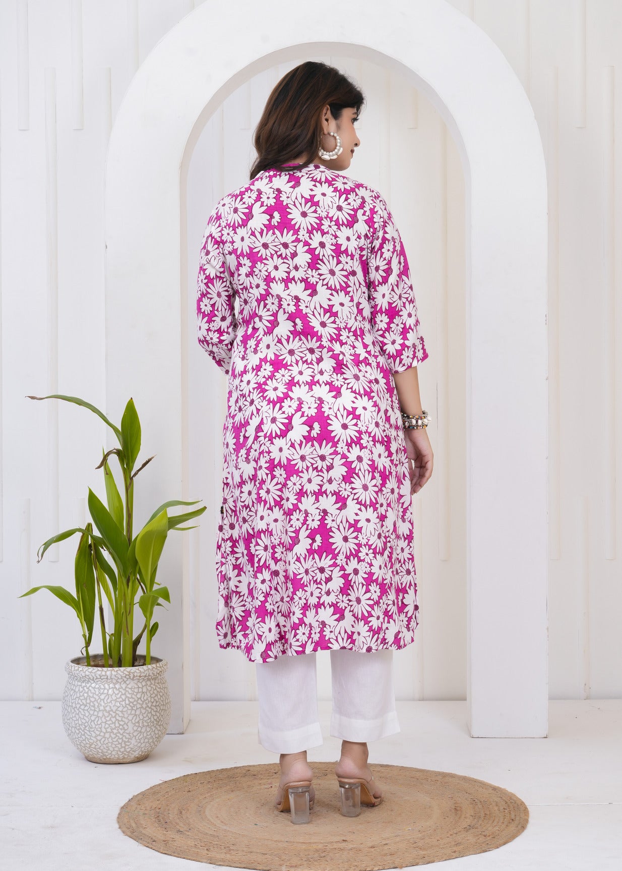 Dark Pink With White Floral Print Cotton Kurti