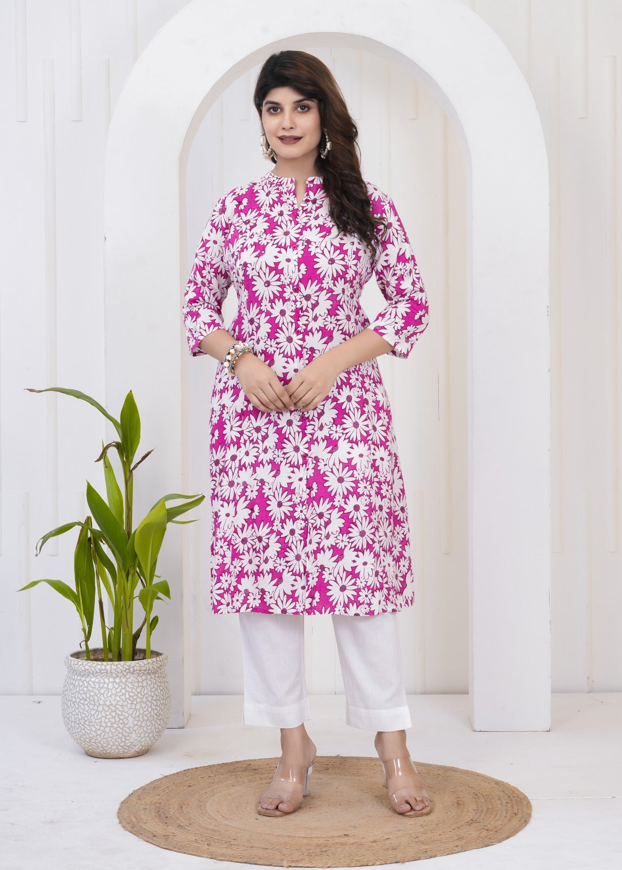 Dark Pink With White Floral Print Cotton Kurti