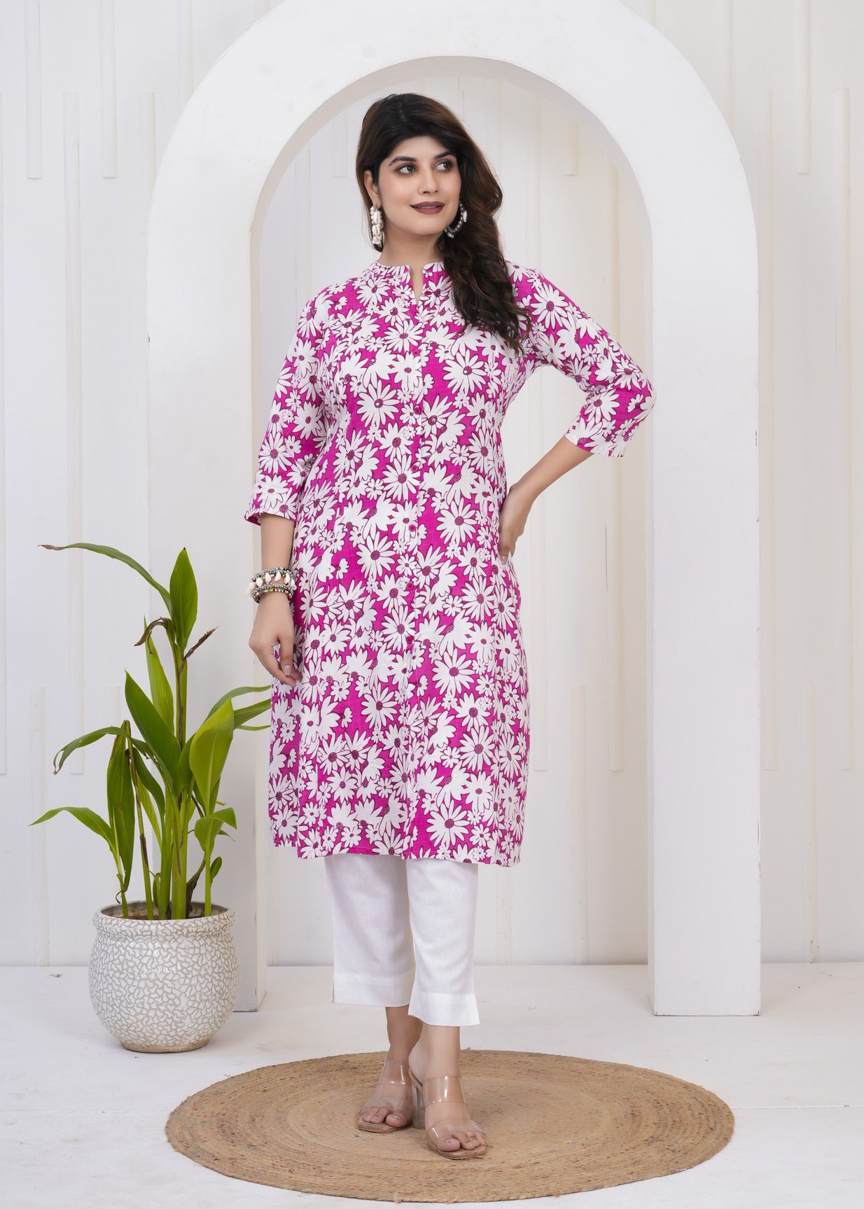 Dark Pink With White Floral Print Cotton Kurti