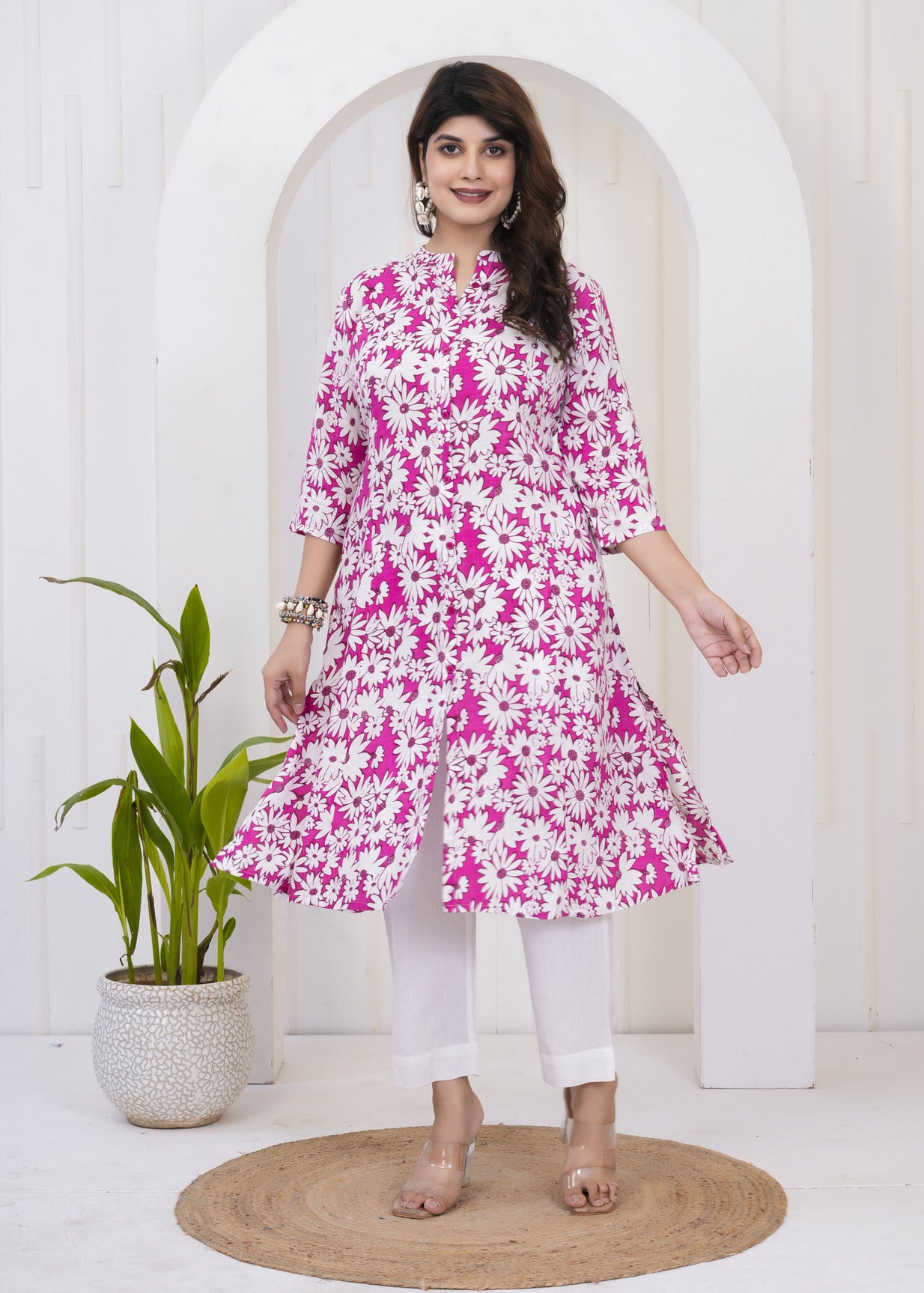 Dark Pink With White Floral Print Cotton Kurti