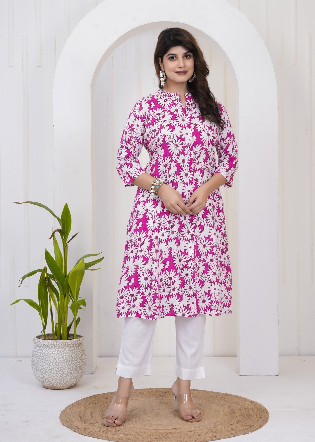 Dark Pink With White Floral Print Cotton Kurti