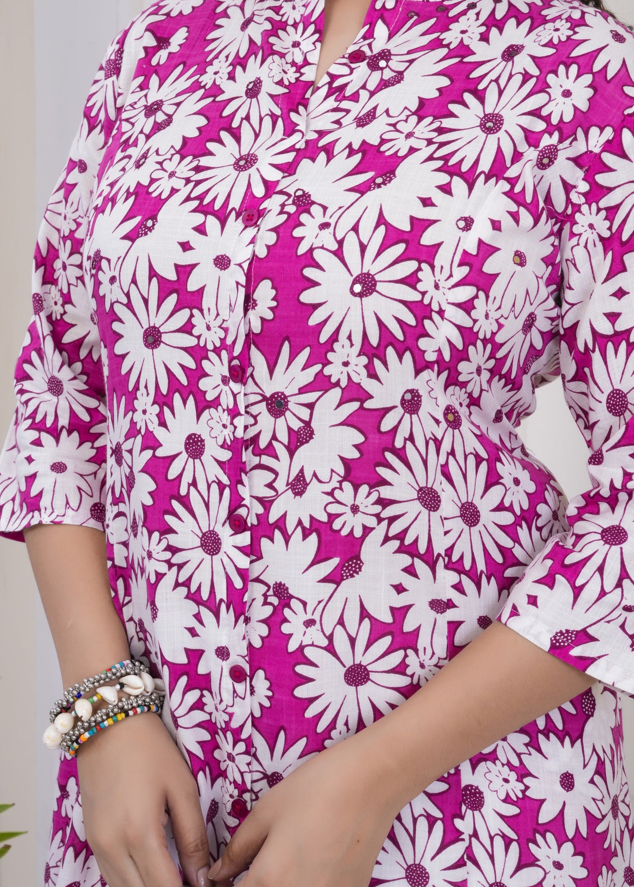 Dark Pink With White Floral Print Cotton Kurti