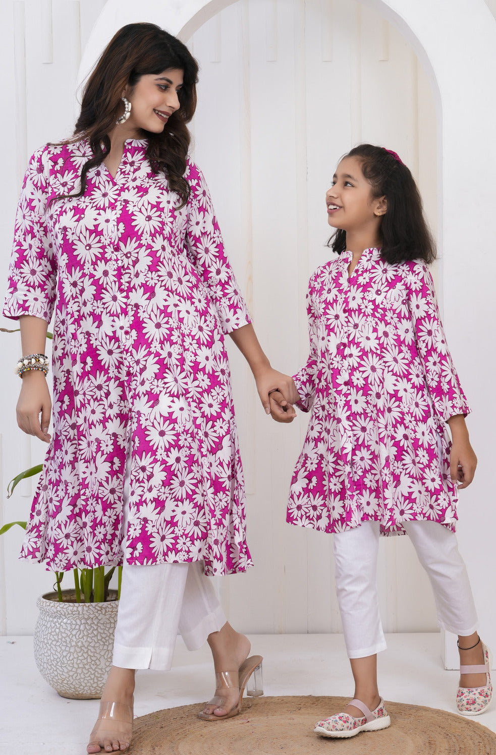 Dark Pink With White Floral Print Cotton Kurti