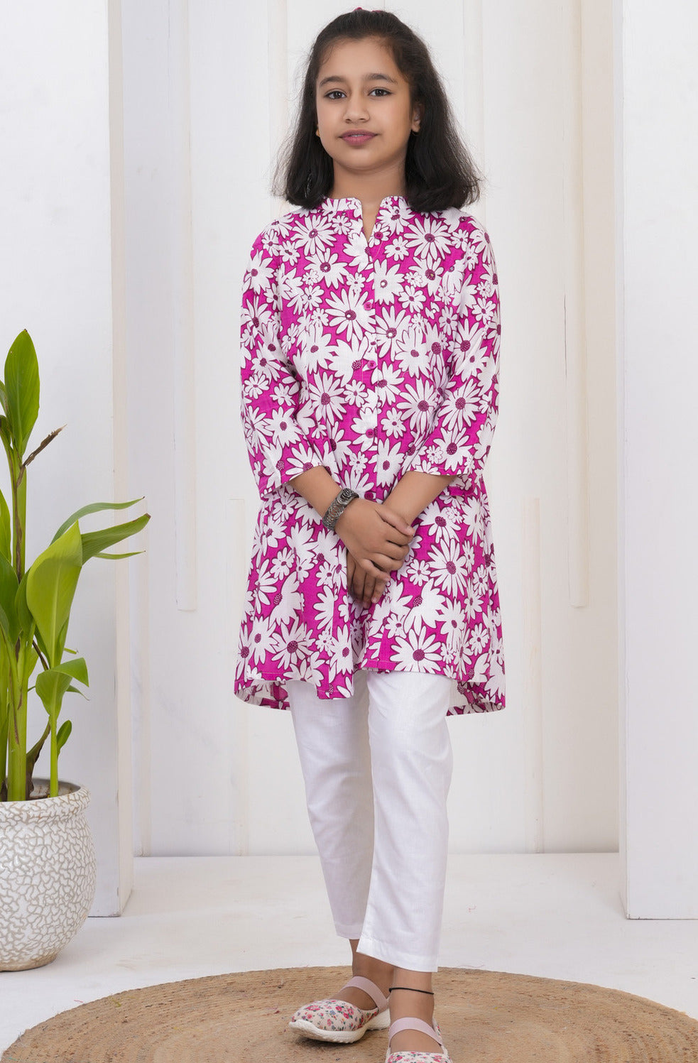 Dark Pink With White Floral Print Cotton Kurti