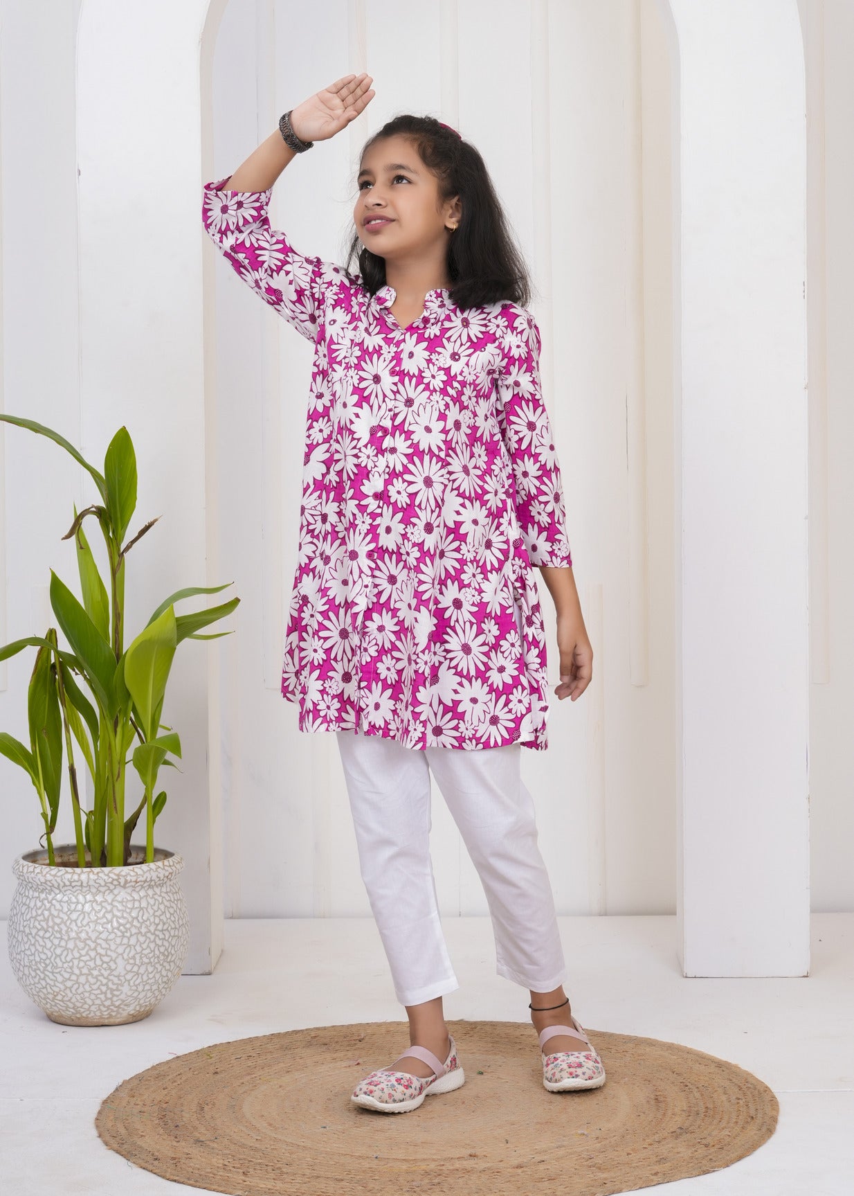 Dark Pink With White Floral Print Cotton Kurti