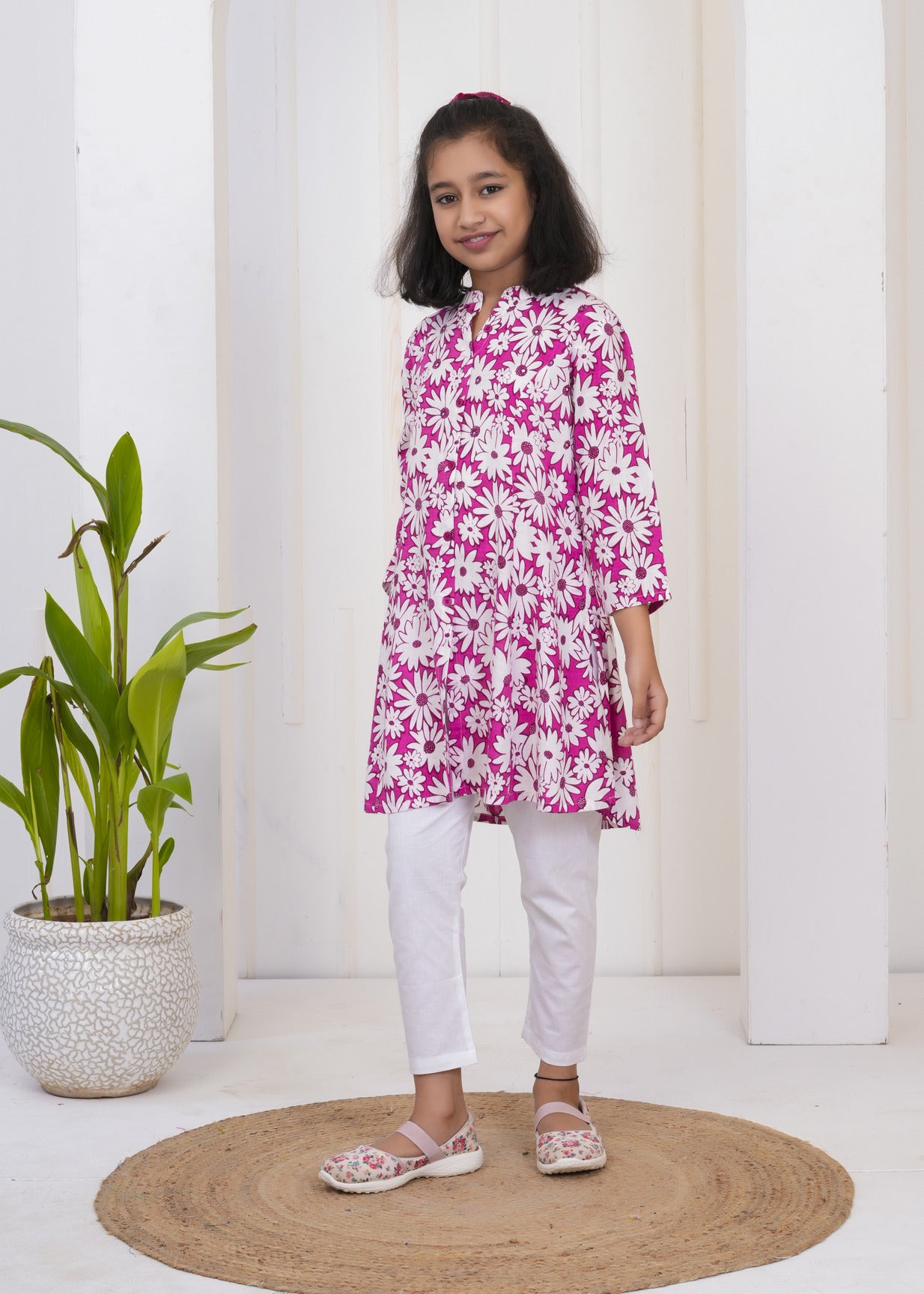 Dark Pink With White Floral Print Cotton Kurti