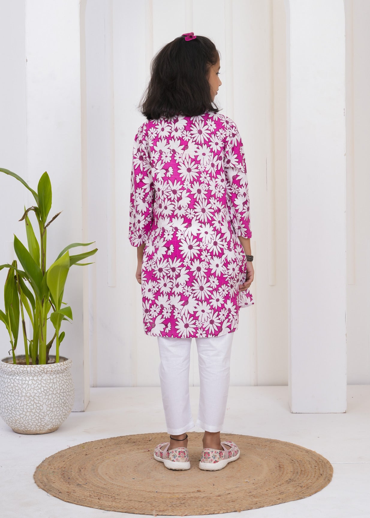 Dark Pink With White Floral Print Cotton Kurti