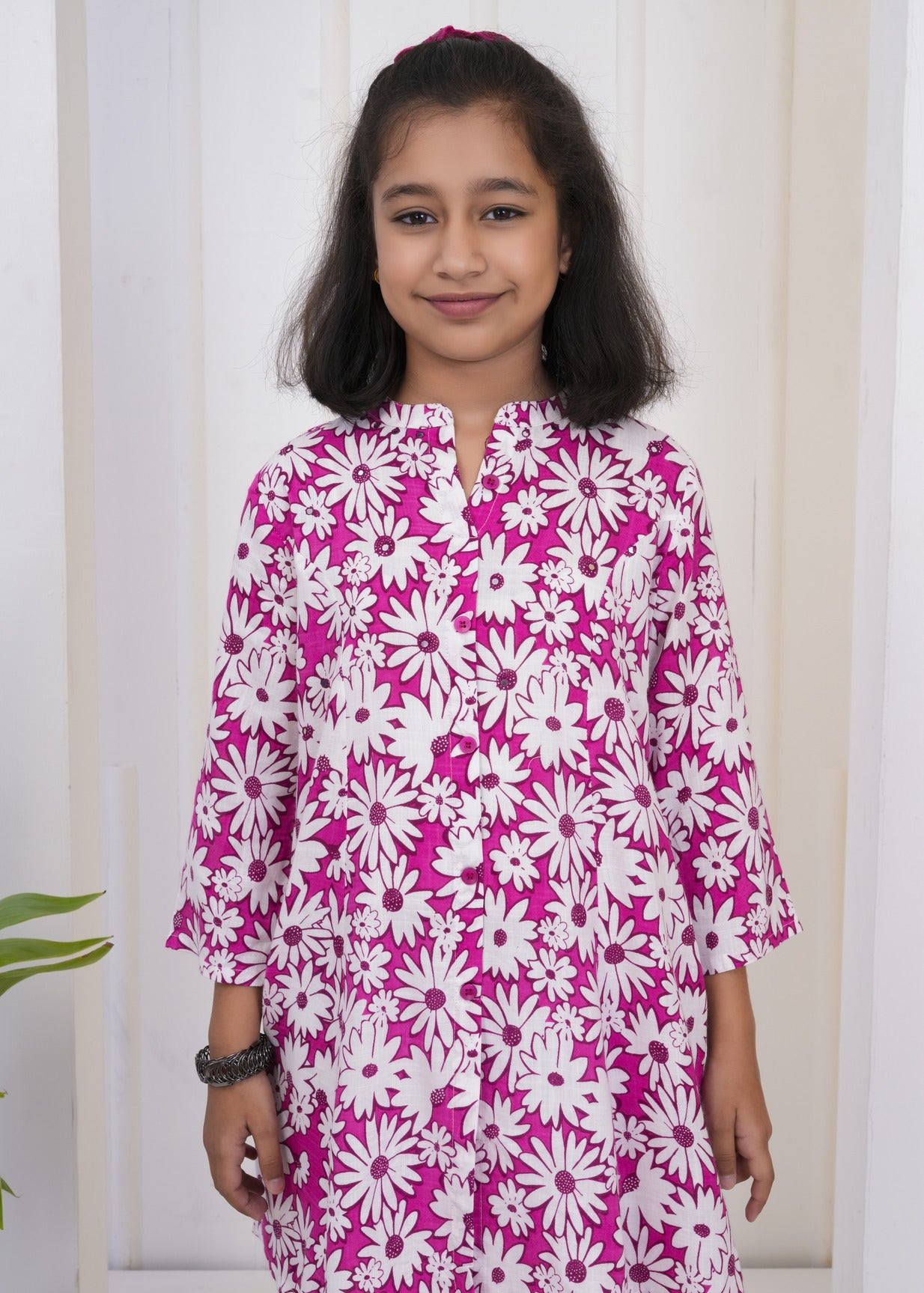 Dark Pink With White Floral Print Cotton Kurti