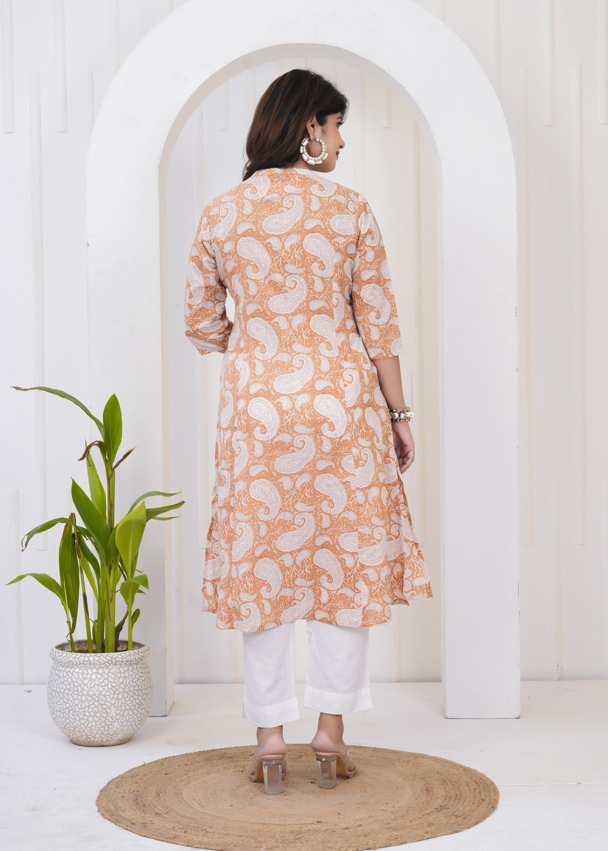 Bronze With White Floral Print Cotton Kurti